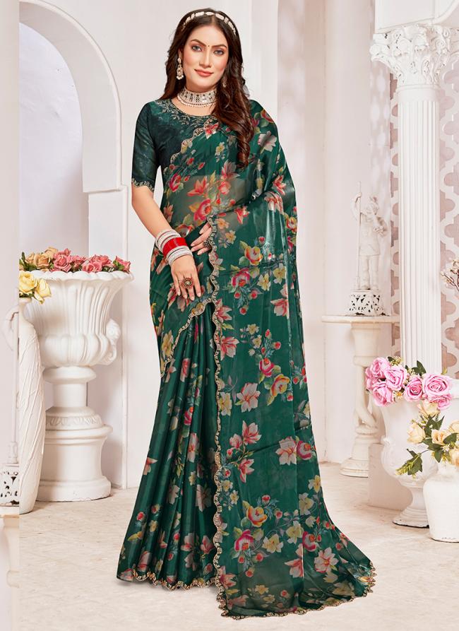 Crystal Organza Silk Bottle Green Wedding Wear Hand Work Saree